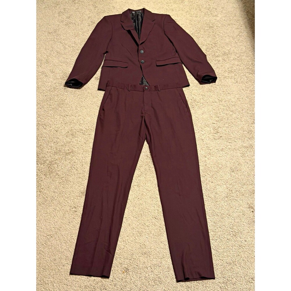 ZARA Burgundy 2-Piece Slim Fit Suit 40R Jacket 32x30 Flat Front Pants